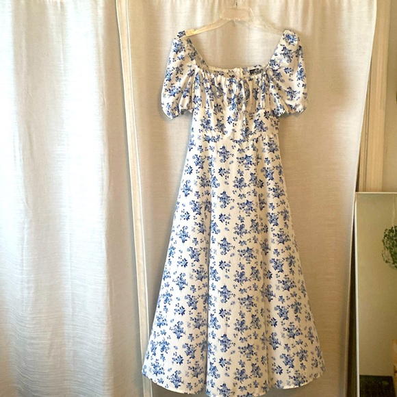 Shein Milkmaid Dress Blue White Floral French Drawstring Cottagecore Small - Picture 4 of 6